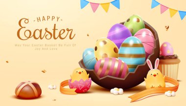 Çikolata kabuklu 3 boyutlu Paskalya yumurtaları, civcivlerle çevrili, ve bej arka planda kek..