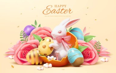 3D Porselen Paskalya tavşanı boyalı yumurtalar ve açık bej arka planda güzel bitkilerle çevrili..