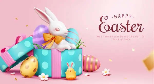 Porcelain Easter Rabbit Painted Eggs Gift Box Light Pink Background — Stock Vector
