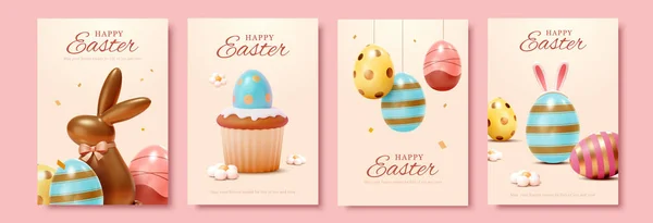 Plantilla Pascua Con Huevos Pintados Aislados Sobre Fondo Rosa Ilustraciones De Stock Sin Royalties Gratis