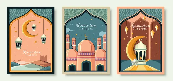 Estetyczny Zestaw Szablonów Ramadan Kareem Świątecznym Designem Łukowych Ramach — Wektor stockowy
