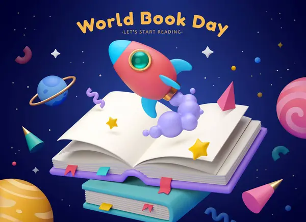World Book Day Poster Inglês Foguete Lançamento Livros Sobre Fundo Gráficos De Vetores