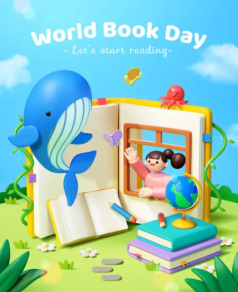 Плакат World Book Day Девушка Машет Через Книгу Окном Летающего Лицензионные Стоковые Векторы
