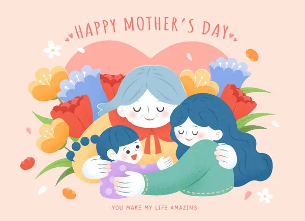 Tarjeta Felicitación Del Día Las Madres Abuela Mamá Hija Abrazándose — Vector de stock