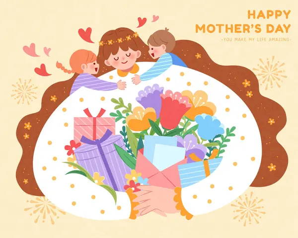 Kartka Okazji Dnia Matki Dzieci Przytulające Mamę Prezentami Kwiatami Jasnożółtym Ilustracja Stockowa