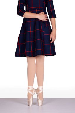 En Pointe CORRECT HEELS eller bel ve yan öğretmen perspektif genç dansçı tartan elbise pembe ipek ve saten noktalı ayakkabı referans öğretmen ve öğrenci en iyi ayak pozisyonu