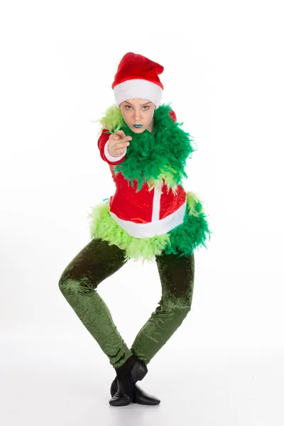Young Girl Wearing Red Santa Clause Hat Christmas Grinch Looking — Stock Photo, Image