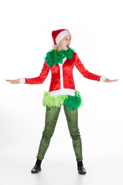 Ein Junges Mädchen Voller Länge Mit Rotem Weihnachtsmann Hut Ein — Stockfoto