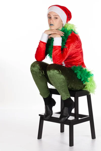 Sitting Young Girl Wearing Red Santa Clause Hat Grinch Grinch — Stock Photo, Image
