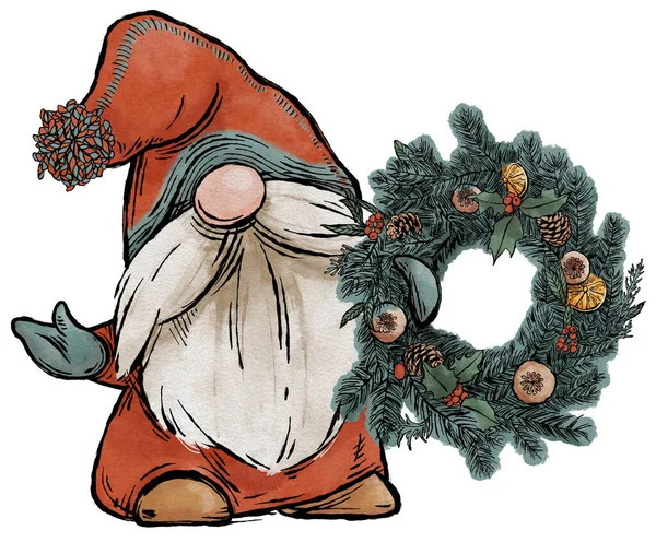 Χριστουγεννιάτικο Gnome Κρατώντας Ένα Εορταστικό Στεφάνι Εικονογράφηση — Φωτογραφία Αρχείου