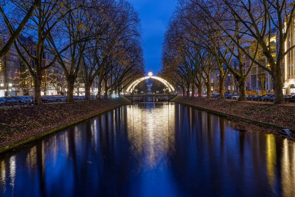 Canal Ponte Com Decoração Natal Milha Compras Dusseldorf — Fotografia de Stock