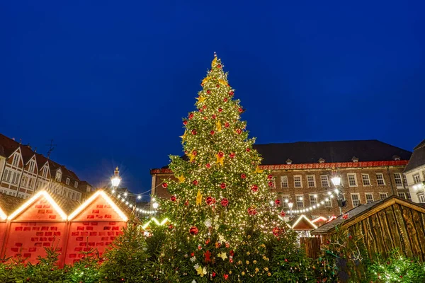 杜塞尔多夫市政厅圣诞市场上的圣诞树 图库图片