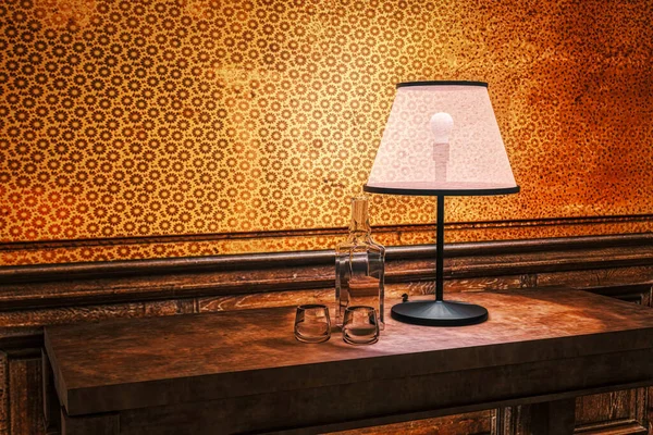 Table with a desk lamp, bottle and two glasses in an old room as a background - this is a virtual computer graphic image.