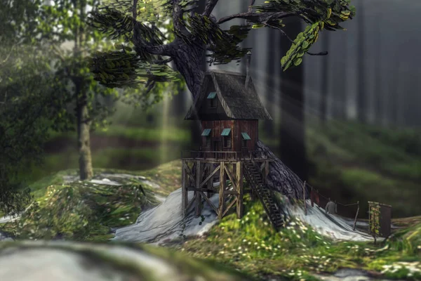 Digital 3d art scene of a dwarf fantasy hut in a forest