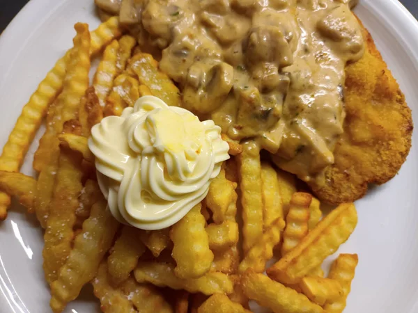 Viennese Schnitzel Mushroom Sauce Fries Mayonnaise — Stock Photo, Image
