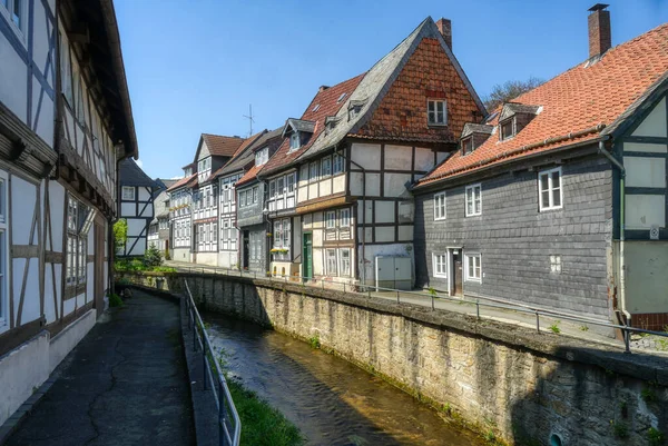 Historical half-timbered and slate facades by the Abzucht river in the old centre of Goslar