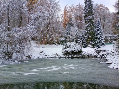 Kışın Kassel Wilhelmshhe 'deki bir parkta göletli kar manzarası