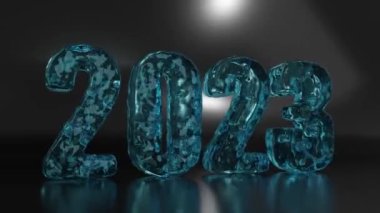 2023 yılının 3D animasyonu. 2023 tarihi, hava kabarcıklarıyla kaynayan karbonatlı sudan oluşur. Temiz su, sağlıklı bir yaşam tarzı ve beslenme fikri.