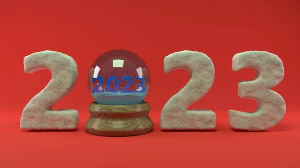 2023年新年日期的3D渲染来自白雪和一个水晶球 红色背景的说明 圣诞纪念品 除夕夜 — 图库照片