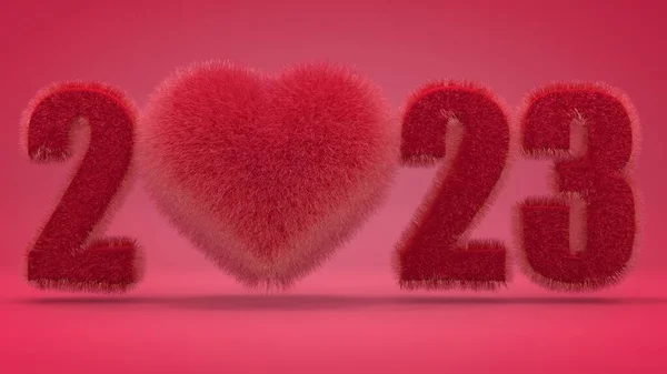 3D渲染新年的日期2023与红心 文字和心灵 红头发 新的温暖2023的想法 — 图库照片