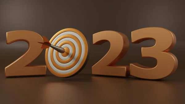 3D渲染2023年新年的日期 金色的数字和飞镖的目标在新的2023年体育成就和胜利的理念 体育的时代 — 图库照片