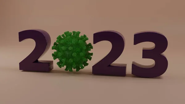 stock image 3d rendering of the date 2023 with coronavirus instead of zero. Diseases and epidemics in the new year 2023.