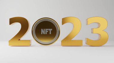 2023 tarihinin 3D görüntüsü. Sıfır yerine NFT ile. Beyaz arkaplanda üç boyutlu resim izole edildi.