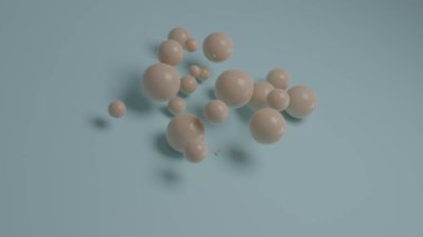 Mavi bir yüzey üzerinde bir sürü pembe topun 3D görüntüsü. Soyut görüntü, güzel kaos ve düzensizlik fikri..