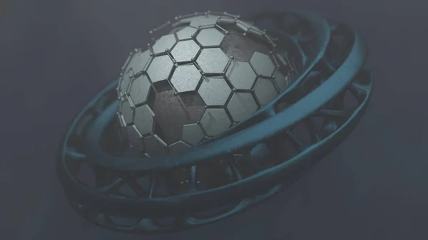 3d rendering of a mysterious metal sphere with hexagons and a lattice. Futuristic 3d illustration. A twisted mobius strip surrounds the ball. Abstract background.