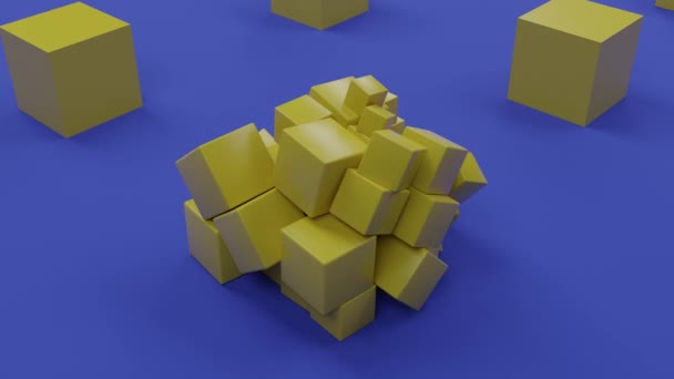 青い背景に黄色のキューブのセットのループ3Dアニメーション 1つの立方体は多くの小さな立方体に分割され 形を変えます 3Dループの背景抽象化 — ストック動画