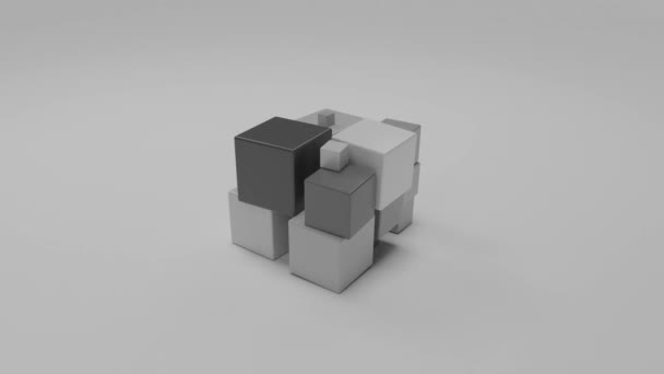 概要多くの立方体に分割される大きな立方体の3Dアニメーション キューブはサイズを変更し始め 球体に変わります 形の変容と自由という考え方 完璧な幾何学的形状 — ストック動画