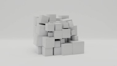 3d rendering of an array of many white cubes of different shapes on a white surface. Abstract composition. The idea of combining chaos, disorder, structure and beauty.