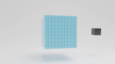 Büyük bir küp ve siyah bir küp şeklinde birleştirilmiş bir dizi mavi küpün 3D görüntülenmesi. Siyah küp boyutu daha küçük ama monolitik. Eşsizliğin avantajı fikrinin 3 boyutlu çizimi.