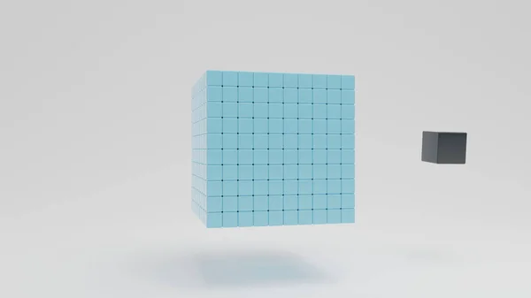 将一组蓝色立方体组装成一个大立方体和一个黑色立方体的3D渲染 黑色立方体体积较小 但呈单片状 关于独特优势的概念的三维说明 — 图库照片