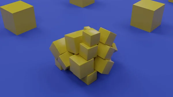 濃い青の背景に黄色のキューブの配列の3Dレンダリング キューブは混乱に散在しています キューブの横に厳密に配置されています 混乱と秩序の図 — ストック写真