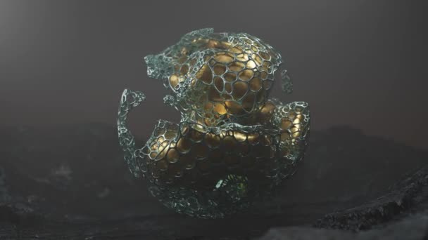 循环3D动画一个神秘的物体 一个由黄金和金属制成的空间球 一个奇妙的3D物体在一个荒凉的外星景观的背景 空间设计 未来主义3D动画 — 图库视频影像