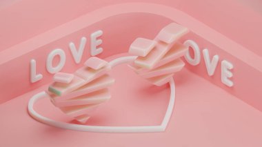 3d rendering of two pink hearts complementing each other and ready to connect into one heart. Hearts consist of segments with missing parts. The idea of love and unity for Valentine's Day