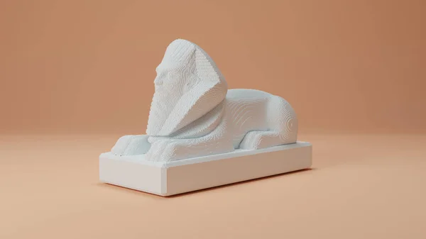 3d rendering of the Egyptian Sphinx statue from a variety of small cubes, pixels. The idea of modern digital art, NFT, virtual sculptures. A white Sphinx on a pink background.