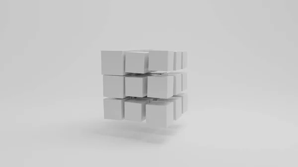 白い表面上に多くの白い立方体のセットの3Dレンダリング キューブはサイズが異なり 配列の構造や順序に違反します 秩序を乱すことの魅力のアイデア — ストック写真
