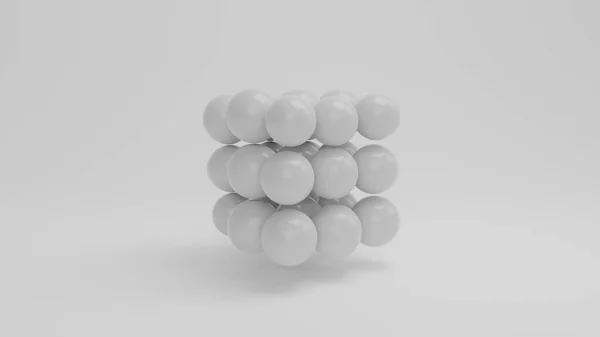 三维渲染一组完全相同的白球 这些球体排列整齐 形成一个立方体 球体的立方体 几何形状不协调的组合 — 图库照片