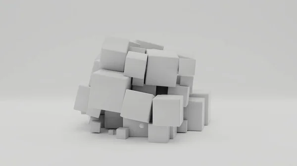 Renderização Uma Pilha Aleatória Cubos Brancos Tamanhos Diferentes Uma Superfície — Fotografia de Stock
