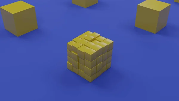 Renderização Cubos Amarelos Uma Superfície Azul Cubo Dividido Muitos Cubos — Fotografia de Stock