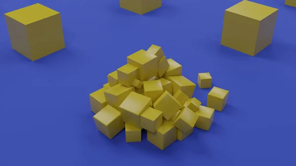3D渲染在深蓝色背景上的一组黄色立方体 立方体散落在一片混乱中 在立方体旁边排列得很整齐 混乱与秩序的例证 — 图库照片