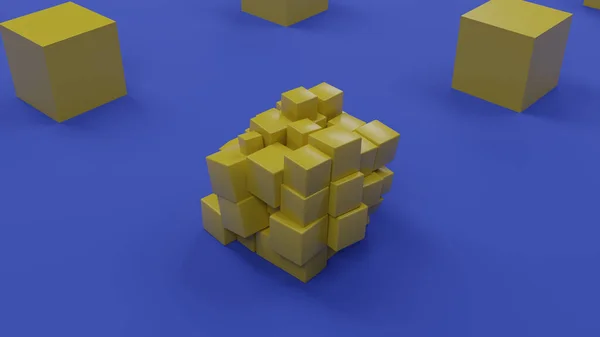 3d rendering of an array of yellow cubes on a dark blue background. The cubes are scattered in a mess. Next to the cubes are in strict order. An illustration of chaos and order.
