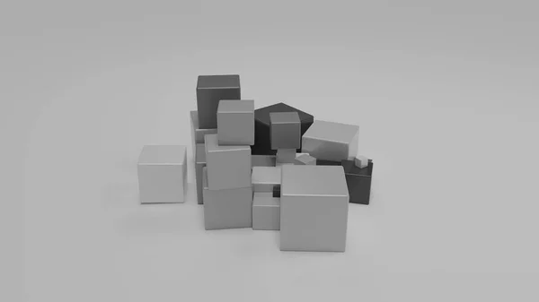 白い面にモノクロキューブのセットを3Dレンダリングします 色のキューブは黒から白までの範囲です 概要構成 — ストック写真