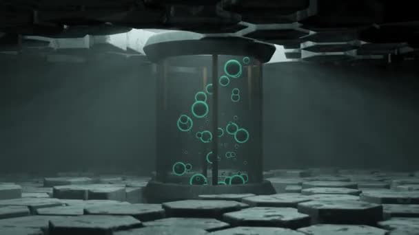 Зацикленная Анимация Химического Реактора Котором Движутся Светящиеся Капли Много Металлических — стоковое видео