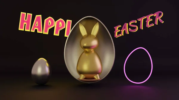 Rendering Golden Easter Bunny Silver Egg Background Neon Light Texts — Stock Photo, Image