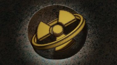 Metal arka planda 3 boyutlu animasyon. Radyasyon işareti harekete geçti. Açılıyor ve iyileşiyor. Tabeladaki boya yıpranmış. Nükleer tehdit fikri, atom savaşı tehlikesi. Uyarı.