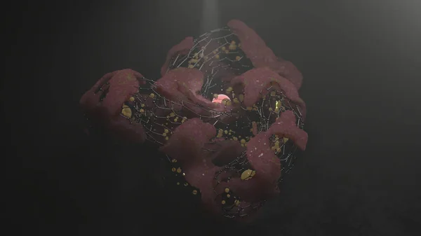 3D渲染 金属网 生物结构和发光球体的抽象形式 外星形态的未来主义设计 — 图库照片
