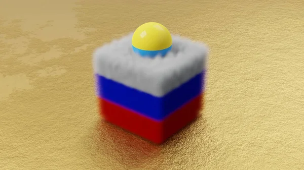 3d rendering.  A cube of smoke with the texture of the flag of Russia. On a golden surface.  A sphere with the flag of Ukraine falls into the cube. The idea of fighting for independence and freedom.